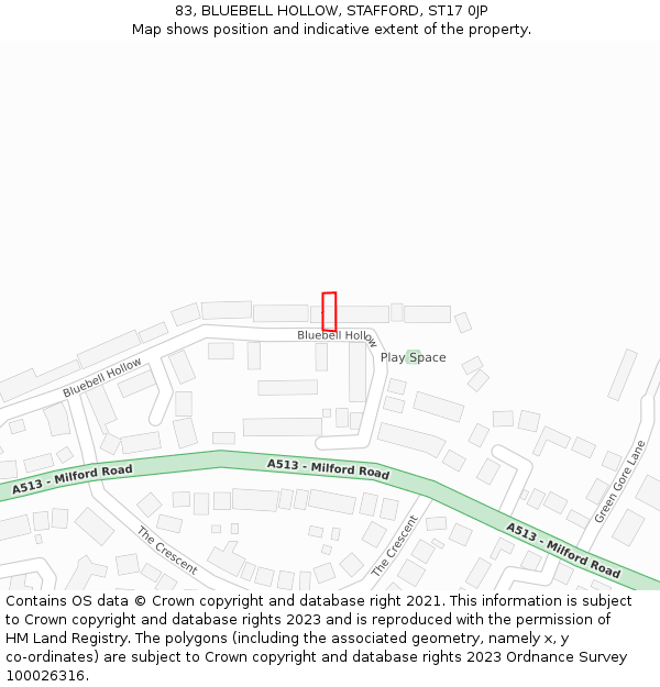 83, BLUEBELL HOLLOW, STAFFORD, ST17 0JP: Location map and indicative extent of plot
