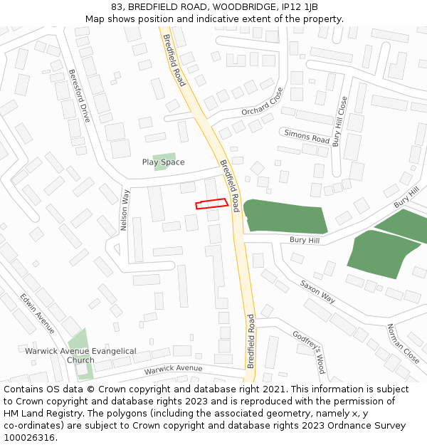 83, BREDFIELD ROAD, WOODBRIDGE, IP12 1JB: Location map and indicative extent of plot