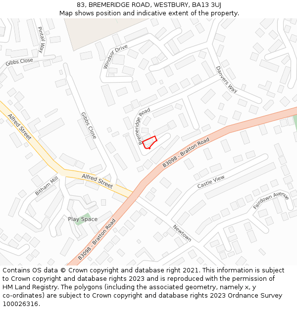 83, BREMERIDGE ROAD, WESTBURY, BA13 3UJ: Location map and indicative extent of plot