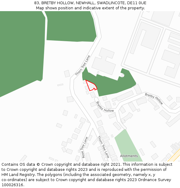 83, BRETBY HOLLOW, NEWHALL, SWADLINCOTE, DE11 0UE: Location map and indicative extent of plot