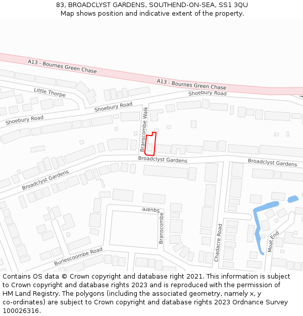 83, BROADCLYST GARDENS, SOUTHEND-ON-SEA, SS1 3QU: Location map and indicative extent of plot