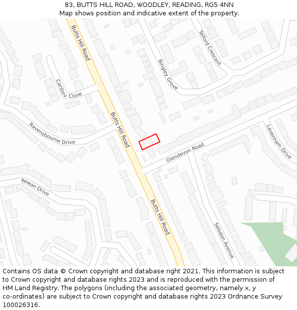 83, BUTTS HILL ROAD, WOODLEY, READING, RG5 4NN: Location map and indicative extent of plot