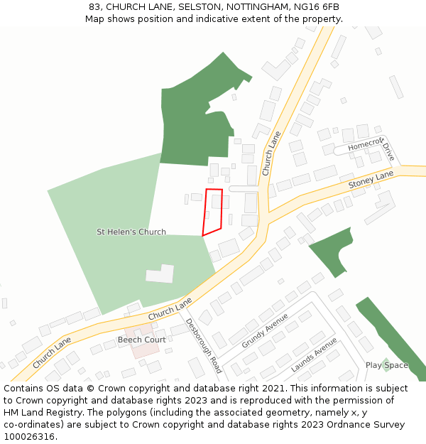 83, CHURCH LANE, SELSTON, NOTTINGHAM, NG16 6FB: Location map and indicative extent of plot