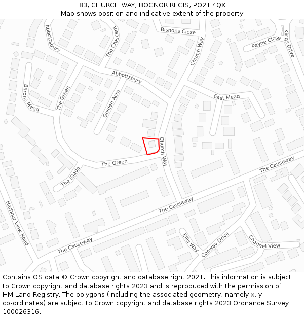 83, CHURCH WAY, BOGNOR REGIS, PO21 4QX: Location map and indicative extent of plot