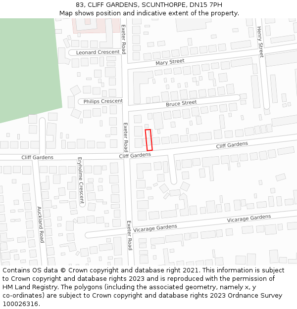 83, CLIFF GARDENS, SCUNTHORPE, DN15 7PH: Location map and indicative extent of plot