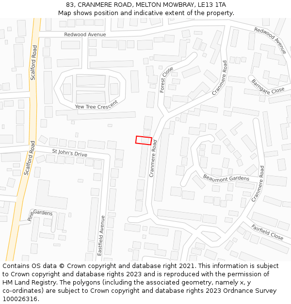 83, CRANMERE ROAD, MELTON MOWBRAY, LE13 1TA: Location map and indicative extent of plot