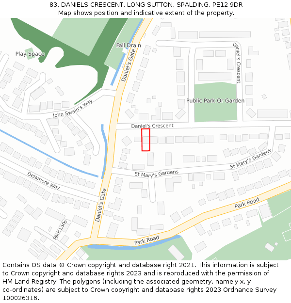 83, DANIELS CRESCENT, LONG SUTTON, SPALDING, PE12 9DR: Location map and indicative extent of plot