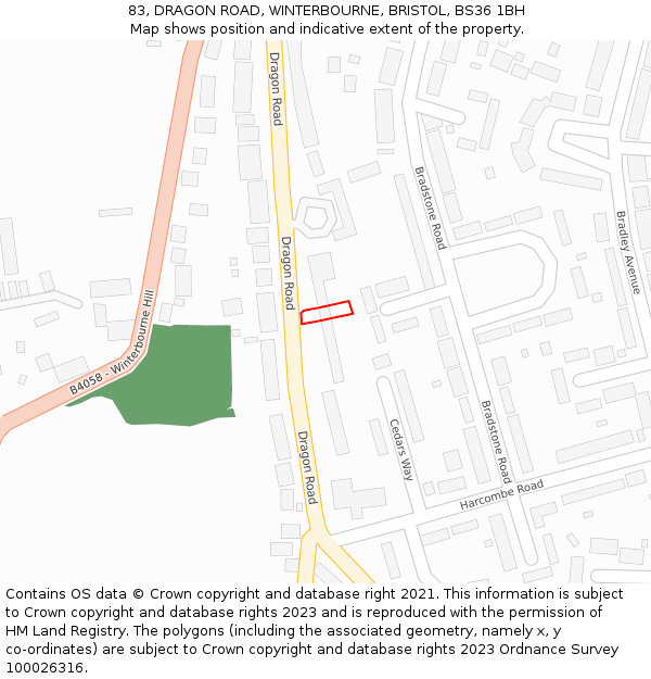 83, DRAGON ROAD, WINTERBOURNE, BRISTOL, BS36 1BH: Location map and indicative extent of plot