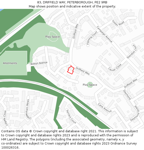 83, DRIFFIELD WAY, PETERBOROUGH, PE2 9RB: Location map and indicative extent of plot