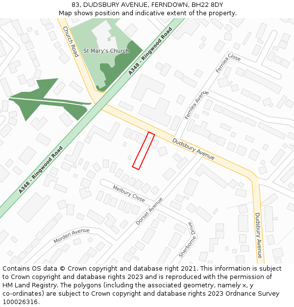 83, DUDSBURY AVENUE, FERNDOWN, BH22 8DY: Location map and indicative extent of plot