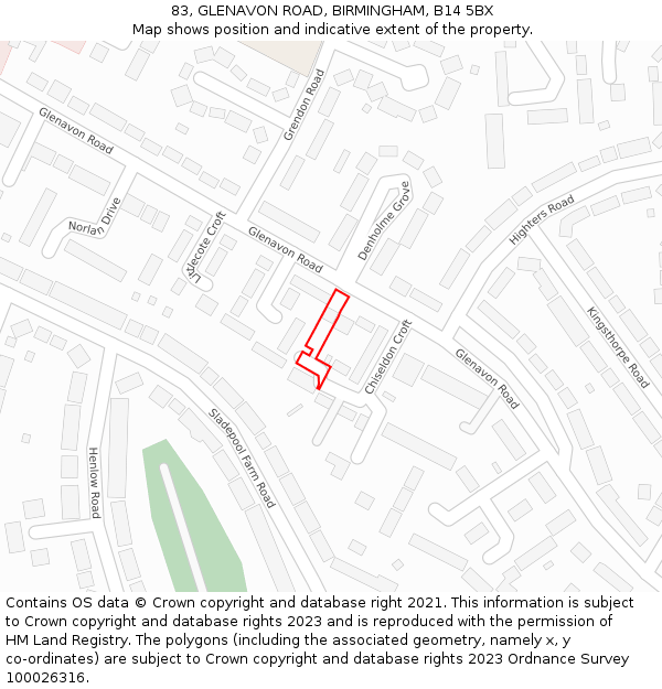 83, GLENAVON ROAD, BIRMINGHAM, B14 5BX: Location map and indicative extent of plot