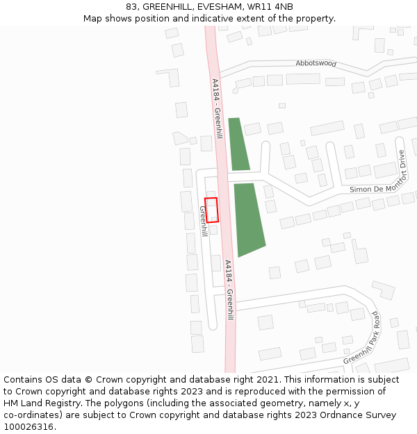 83, GREENHILL, EVESHAM, WR11 4NB: Location map and indicative extent of plot