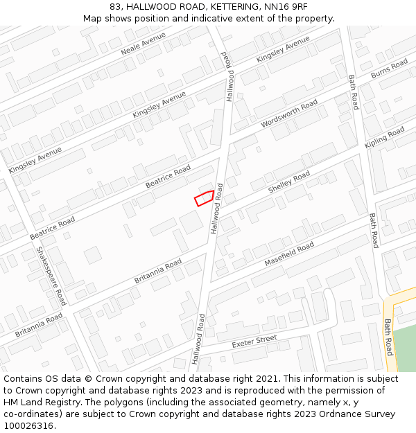83, HALLWOOD ROAD, KETTERING, NN16 9RF: Location map and indicative extent of plot