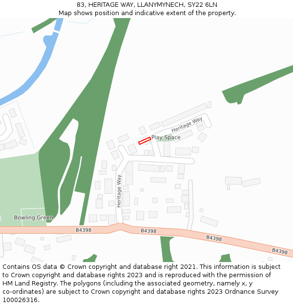 83, HERITAGE WAY, LLANYMYNECH, SY22 6LN: Location map and indicative extent of plot