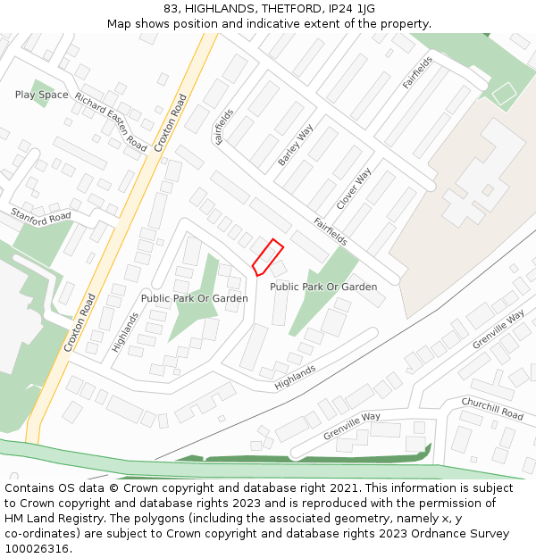 83, HIGHLANDS, THETFORD, IP24 1JG: Location map and indicative extent of plot