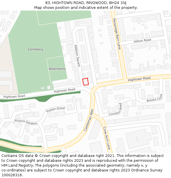 83, HIGHTOWN ROAD, RINGWOOD, BH24 1NJ: Location map and indicative extent of plot