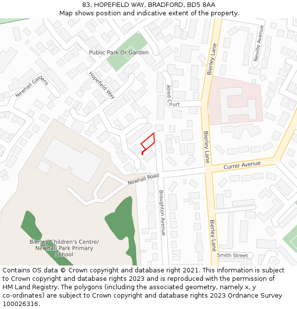 83, HOPEFIELD WAY, BRADFORD, BD5 8AA: Location map and indicative extent of plot
