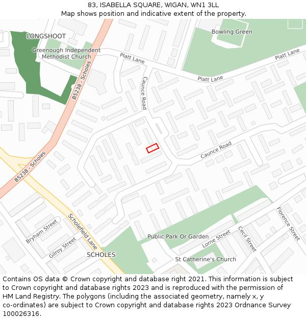 83, ISABELLA SQUARE, WIGAN, WN1 3LL: Location map and indicative extent of plot