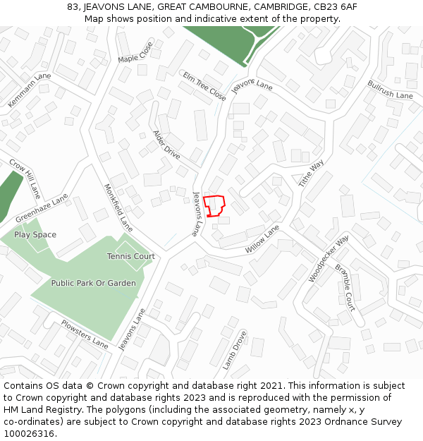 83, JEAVONS LANE, GREAT CAMBOURNE, CAMBRIDGE, CB23 6AF: Location map and indicative extent of plot