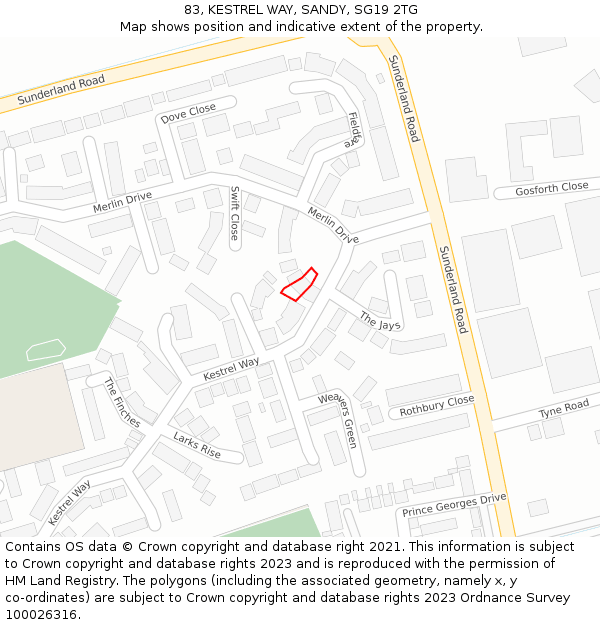 83, KESTREL WAY, SANDY, SG19 2TG: Location map and indicative extent of plot