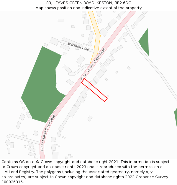 83, LEAVES GREEN ROAD, KESTON, BR2 6DG: Location map and indicative extent of plot