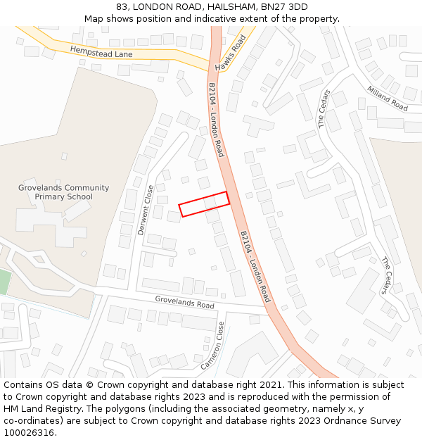 83, LONDON ROAD, HAILSHAM, BN27 3DD: Location map and indicative extent of plot