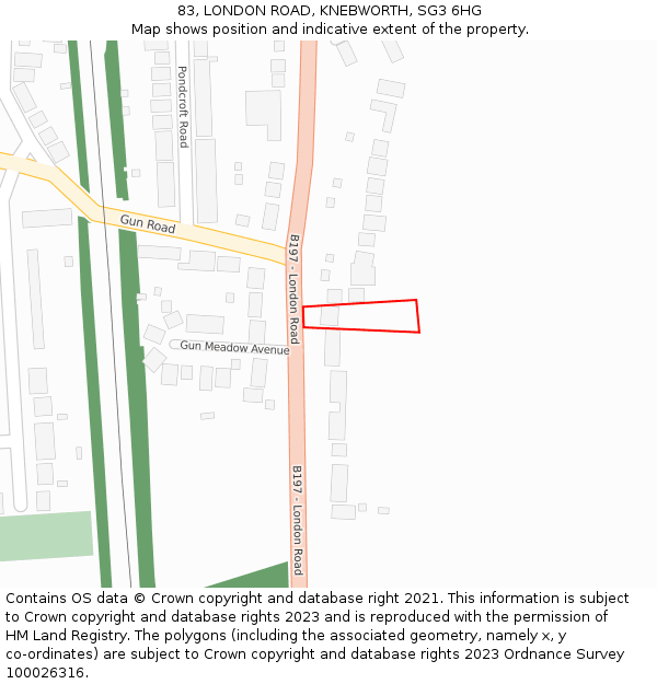 83, LONDON ROAD, KNEBWORTH, SG3 6HG: Location map and indicative extent of plot