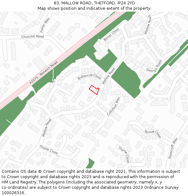 83, MALLOW ROAD, THETFORD, IP24 2YD: Location map and indicative extent of plot