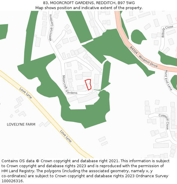 83, MOORCROFT GARDENS, REDDITCH, B97 5WG: Location map and indicative extent of plot