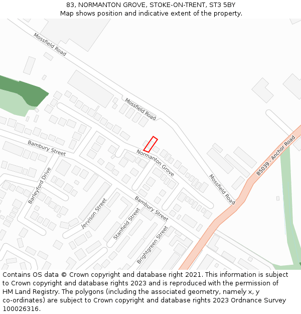 83, NORMANTON GROVE, STOKE-ON-TRENT, ST3 5BY: Location map and indicative extent of plot