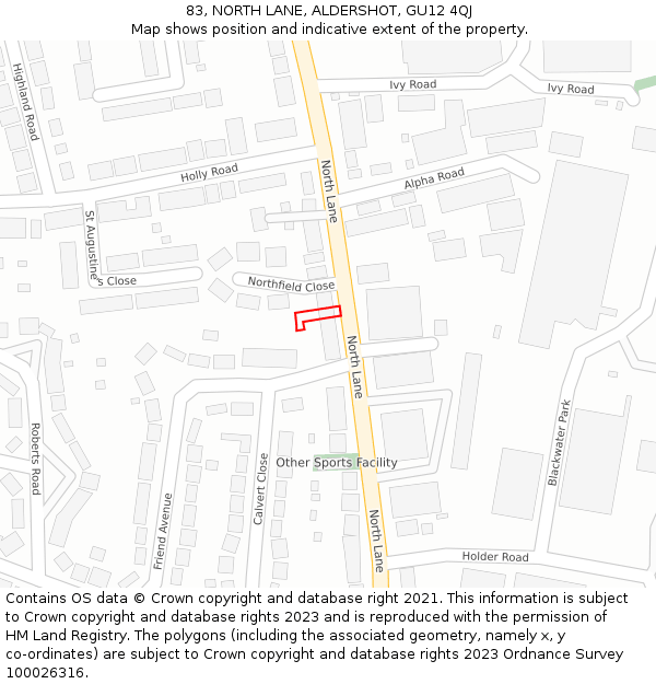 83, NORTH LANE, ALDERSHOT, GU12 4QJ: Location map and indicative extent of plot