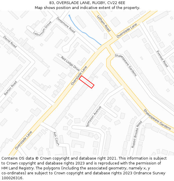83, OVERSLADE LANE, RUGBY, CV22 6EE: Location map and indicative extent of plot