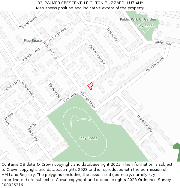 83, PALMER CRESCENT, LEIGHTON BUZZARD, LU7 4HY: Location map and indicative extent of plot