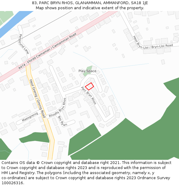 83, PARC BRYN RHOS, GLANAMMAN, AMMANFORD, SA18 1JE: Location map and indicative extent of plot