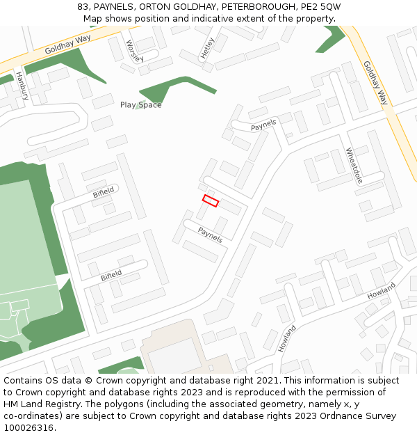 83, PAYNELS, ORTON GOLDHAY, PETERBOROUGH, PE2 5QW: Location map and indicative extent of plot