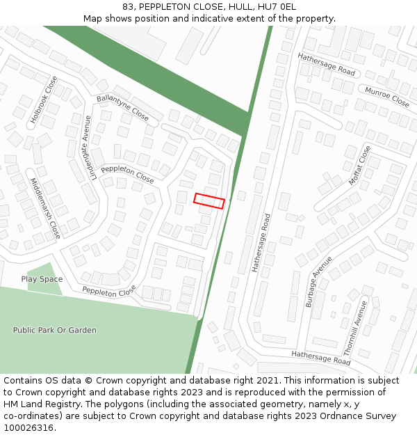 83, PEPPLETON CLOSE, HULL, HU7 0EL: Location map and indicative extent of plot