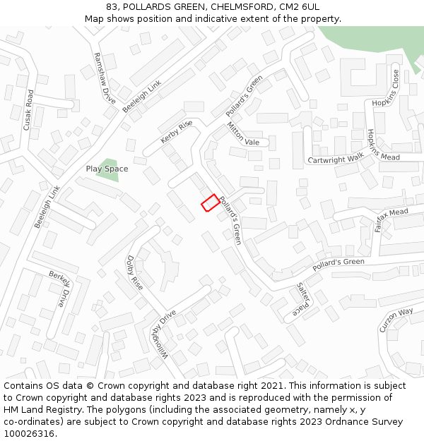 83, POLLARDS GREEN, CHELMSFORD, CM2 6UL: Location map and indicative extent of plot