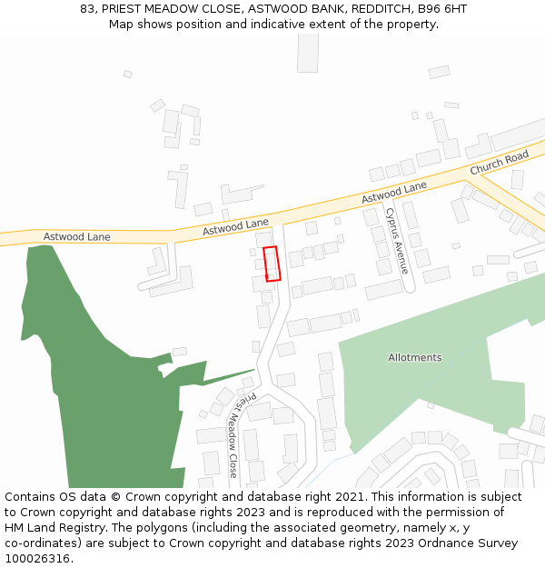 83, PRIEST MEADOW CLOSE, ASTWOOD BANK, REDDITCH, B96 6HT: Location map and indicative extent of plot