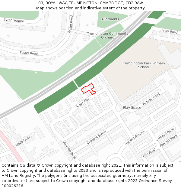 83, ROYAL WAY, TRUMPINGTON, CAMBRIDGE, CB2 9AW: Location map and indicative extent of plot