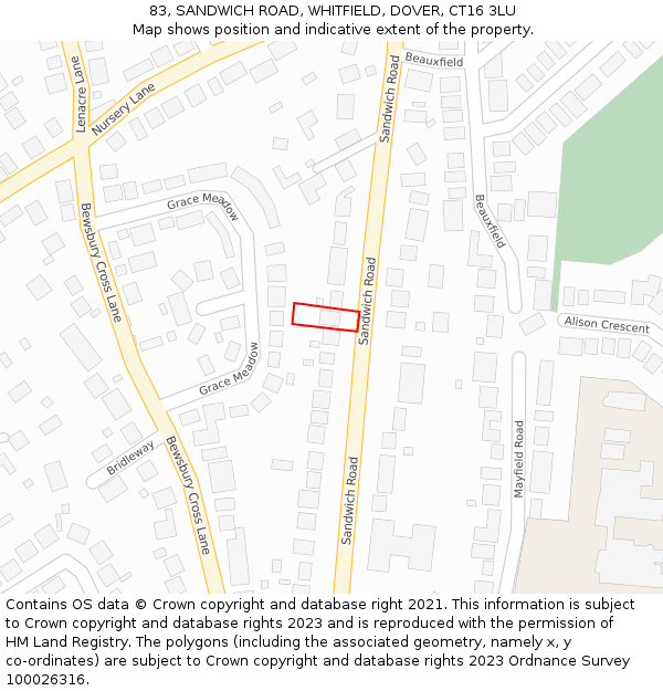 83, SANDWICH ROAD, WHITFIELD, DOVER, CT16 3LU: Location map and indicative extent of plot