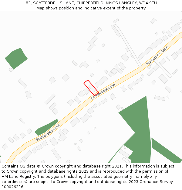 83, SCATTERDELLS LANE, CHIPPERFIELD, KINGS LANGLEY, WD4 9EU: Location map and indicative extent of plot