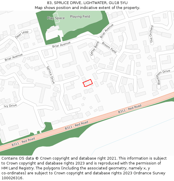 83, SPRUCE DRIVE, LIGHTWATER, GU18 5YU: Location map and indicative extent of plot