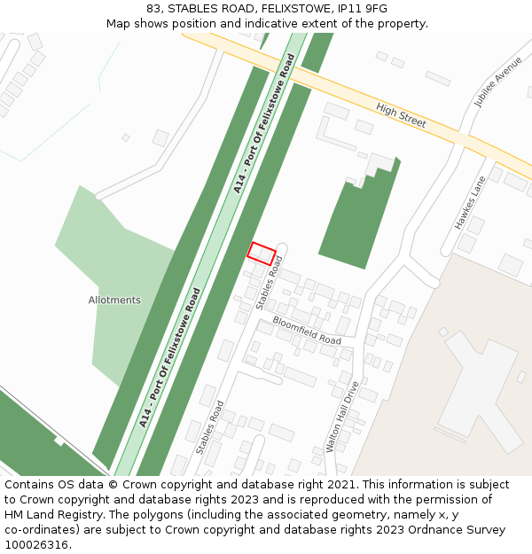 83, STABLES ROAD, FELIXSTOWE, IP11 9FG: Location map and indicative extent of plot