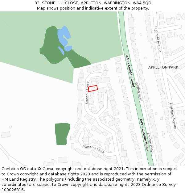 83, STONEHILL CLOSE, APPLETON, WARRINGTON, WA4 5QD: Location map and indicative extent of plot