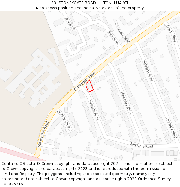 83, STONEYGATE ROAD, LUTON, LU4 9TL: Location map and indicative extent of plot