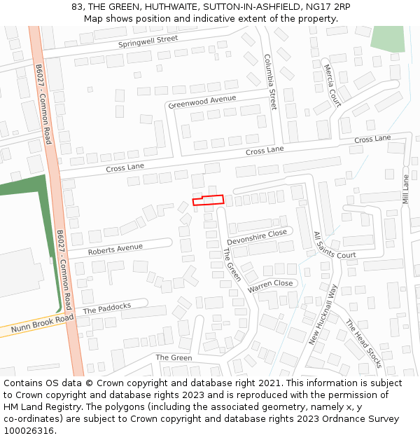 83, THE GREEN, HUTHWAITE, SUTTON-IN-ASHFIELD, NG17 2RP: Location map and indicative extent of plot