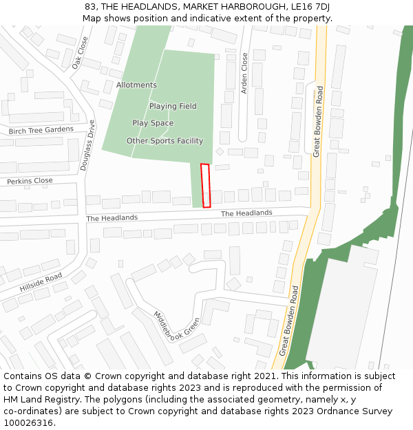83, THE HEADLANDS, MARKET HARBOROUGH, LE16 7DJ: Location map and indicative extent of plot