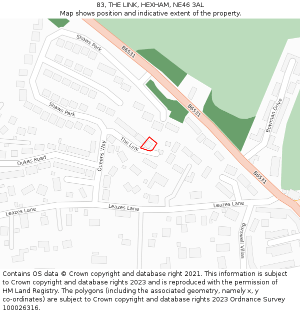 83, THE LINK, HEXHAM, NE46 3AL: Location map and indicative extent of plot