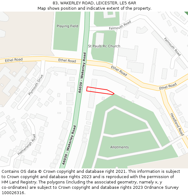 83, WAKERLEY ROAD, LEICESTER, LE5 6AR: Location map and indicative extent of plot