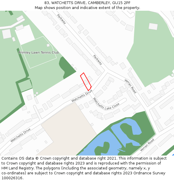 83, WATCHETTS DRIVE, CAMBERLEY, GU15 2PF: Location map and indicative extent of plot